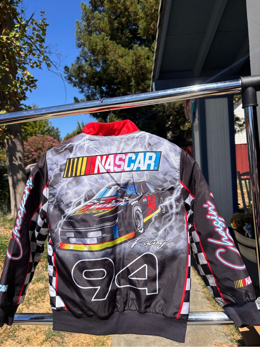Nascar Black Red Racing Jacket with Checkered Accents